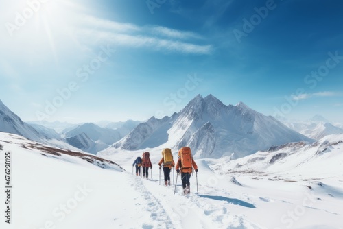 a group of hikers traversing a snowy trail with panoramic mountain views, emphasizing the sense of adventure and exploration during the winter season