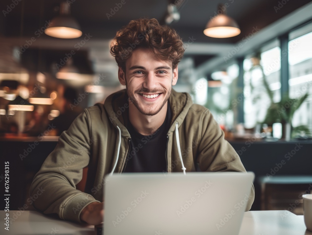 Young man working on laptop, student or freelancer with computer sitting in cafe at table looking in camera. AI generative Young man working on laptop, student or freelancer with computer sitting in cafe at table looking in camera. AI generative