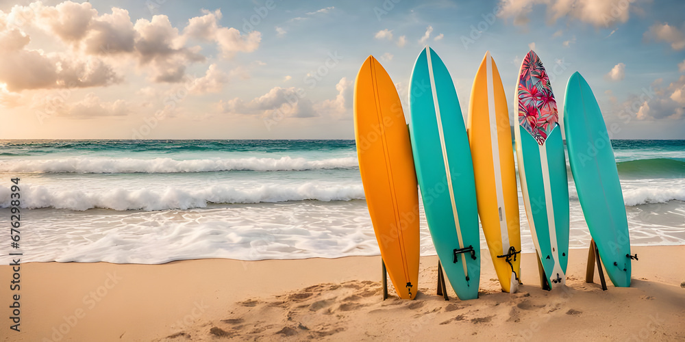 colorful surfboards standing in tropical beach sand with ocean in the background. - obrazy, fototapety, plakaty 