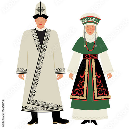 girl and young man in Kyrgyz folk costume isolated on white background. couple of young people in national traditional clothes of Kyrgyzstan, flat illustration in cartoon style. stock vector