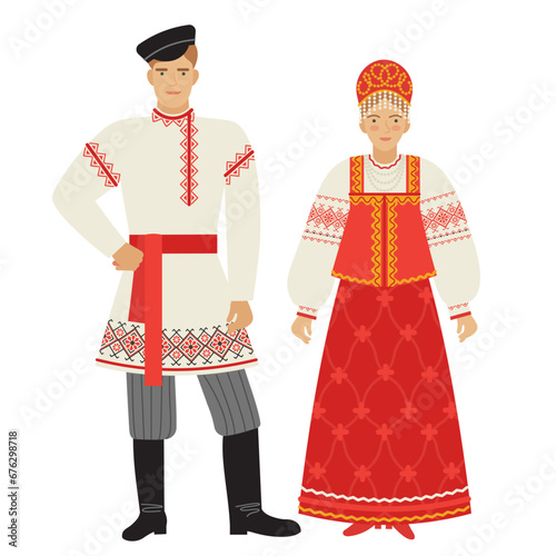 girl and young man in Russian folk costume isolated on white background. a couple of young people in national traditional clothes of Russia, flat illustration in cartoon style. stock vector 