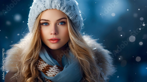An elegant female model embodying the essence of the winter season adorned in winter attire, complemented by a wintery background