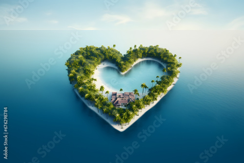 Top view of paradise island in heart shape. Love concept background.