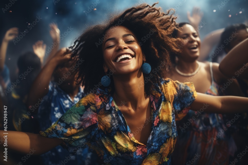 Fototapeta premium A pretty woman dancing with unbridled joy at a vibrant party, her expressive movements capturing the essence of a liberated and carefree spirit