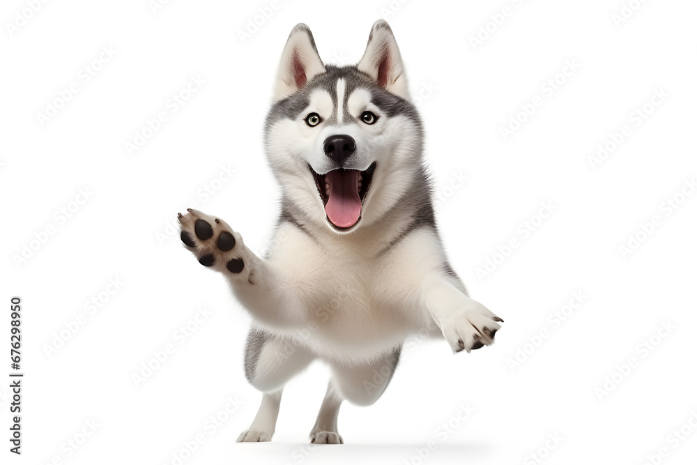 Siberian husky dog is posing on studio background. Cute playful playing and looking happy.