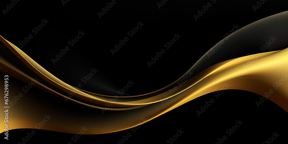 Obraz premium Abstract background with realistic golden and black wavy fluid shape. Interwined gold stripes. Generative AI