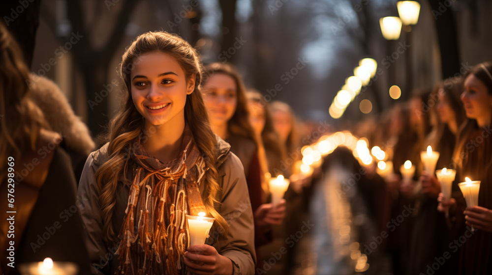 Obraz premium Candlelit Procession: A stunning image of a candlelit procession with people carrying flickering candles, illuminating a dark winter evening during Candlemas Day