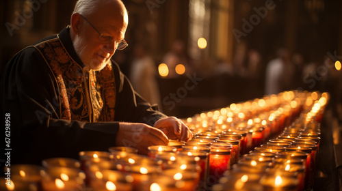 Blessing of Candles: A close-up of candles being blessed by a clergy member in a beautifully decorated church during Candlemas