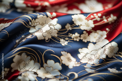 macro close of luxury fabric, silk handkerchief with japanese flower print