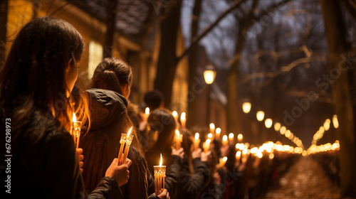 Candlelit Procession: A stunning image of a candlelit procession with people carrying flickering candles, illuminating a dark winter evening during Candlemas Day photo