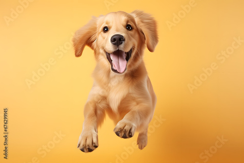 Funny golden retriever dog is posing on studio background. Cute playful playing and looking happy.