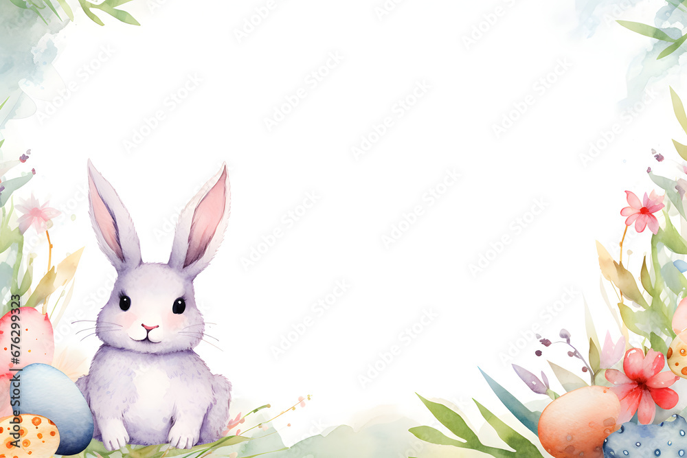 Bunny with easter eggs frame background in watercolor style. Bunny with easter eggs frame background in watercolor style.