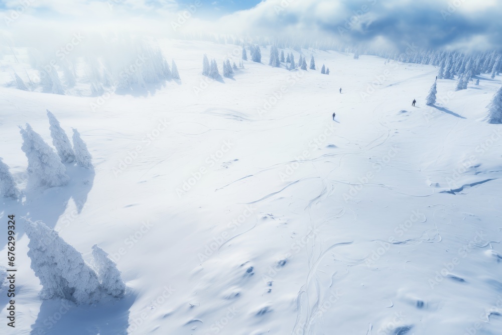 An aerial view capturing a winter wonderland where people engage in various activities, from snowshoeing to sledding, creating a lively and dynamic scene