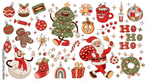 Merry Christmas and Happy New Year groovy hippie stickers. Funny retro cartoon characters set. Santa Claus, christmas tree, wreath, gift, snowman, garlands, toys, peace sign. Trendy 60s-70s style