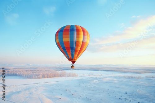 An aerial view of a colorful hot air balloon drifting over snow-covered fields, offering a serene and dreamlike perspective of winter landscapes, creating a magical and tranquil scene