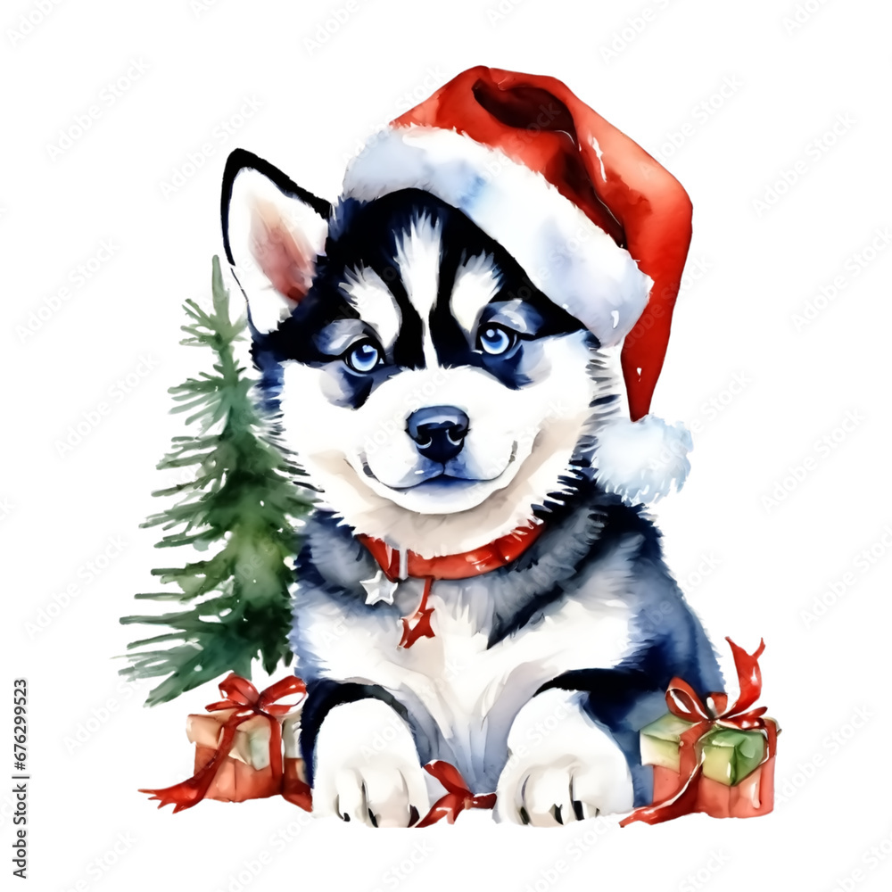 siberian husky christmas dog with christmas tree