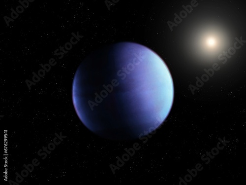 Realistic surface of alien planet. Amazing exoplanet with star, sci-fi background. Planet with solid surface. © Nazarii
