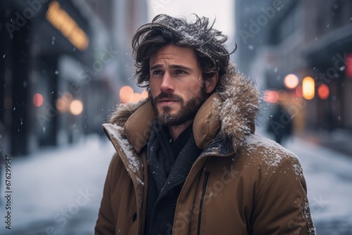 a handsome man exploring a snowy urban cityscape, his curious expression reflecting the liberating feeling of discovery and adventure in a winter city
