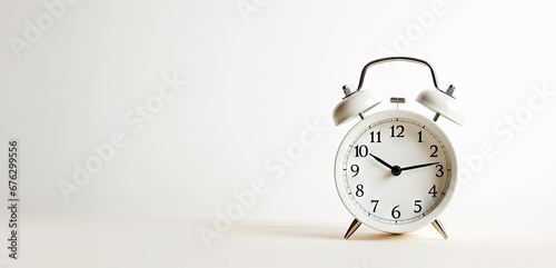 Retro alarm clock on white uniform background. Time to work or get up concept. Generative AI