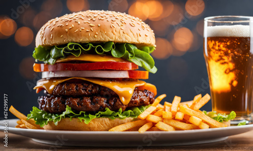 opulenter Hamburger bei stimmungsvoller Beleuchtung, generated image