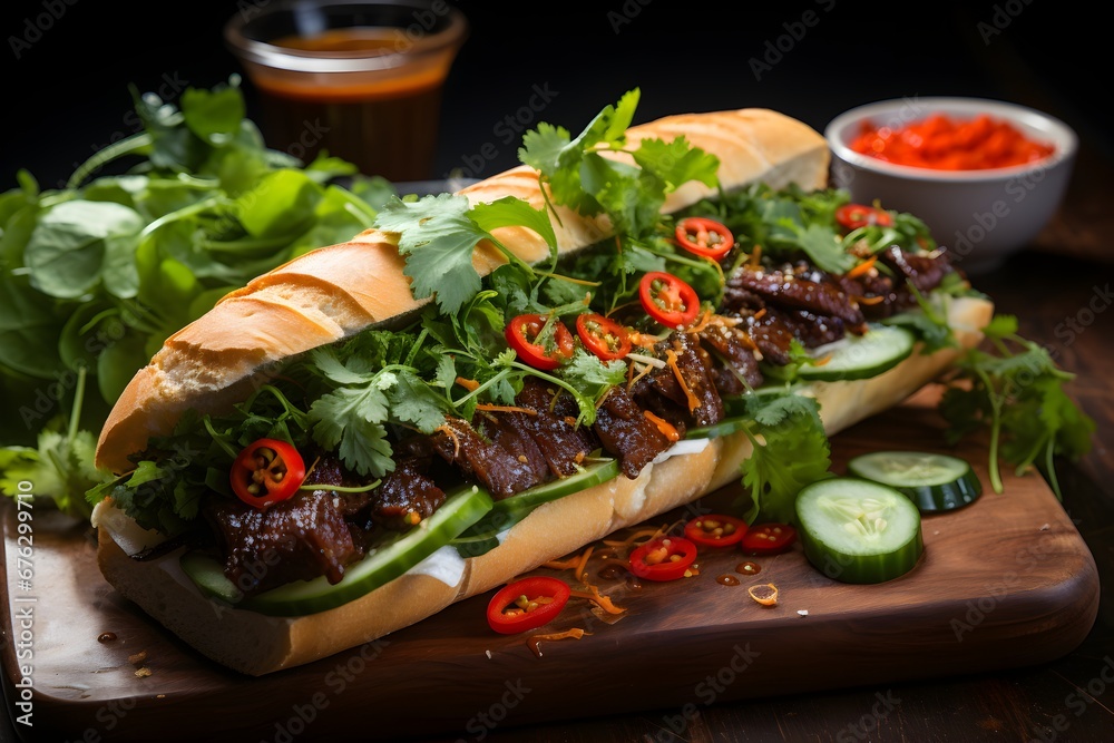 French-Vietnamese banh mi sandwich with short baguette and mix of meat, vegetables and herbs