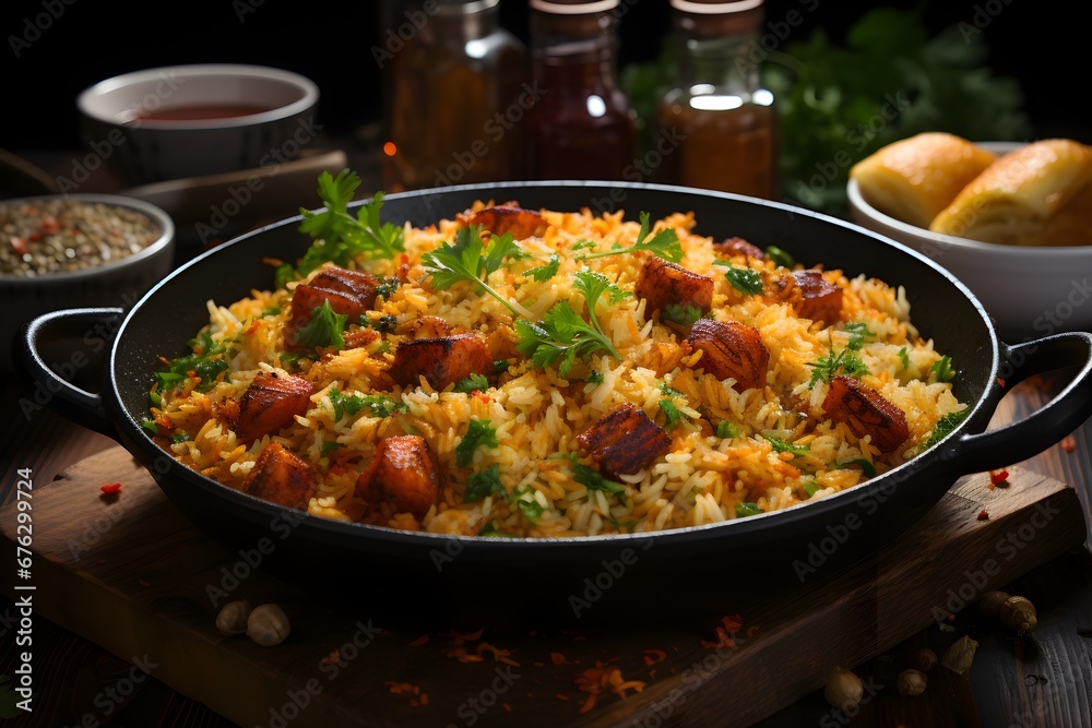 Close-up pan with traditional West African vegetarian jollof rice with tomatoes, onion, and a blend of spices