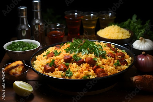 Aromatic and spicy flavor of West African cuisine - a vegetarian jollof rice with tomatoes, onions and spices
