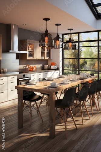A beautiful well-lit modern kitchen with big dinner table