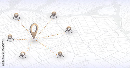 Multiple destinations, isometric. Gps tracking map. Track navigation pins on street maps, navigate mapping technology and locate position pin. Futuristic travel gps map or location navigator vector
