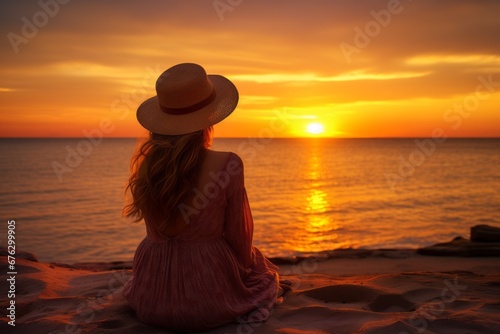 a young woman in a hat watching the sunset at the beach  her liberated state of mind found in the tranquil beauty of the horizon