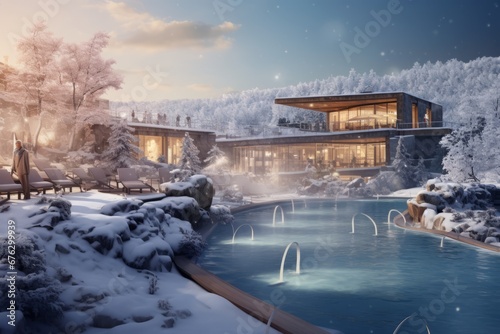 a wellness resort hotel surrounded by a serene winter landscape, with guests enjoying the outdoor hot springs and spa facilities, creating a harmonious blend of relaxation and snowy enchantment