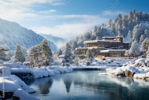 a wellness resort hotel surrounded by a serene winter landscape, with guests enjoying the outdoor hot springs and spa facilities, creating a harmonious blend of relaxation and snowy enchantment