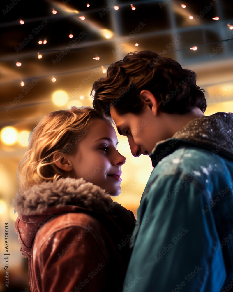 Couple in love, holding each other close with snow falling around them. Concept of dating and love in winter time. Shallow field of view. Couple in love, holding each other close with snow falling around them. Concept of dating and love in winter time. Shallow field of view.