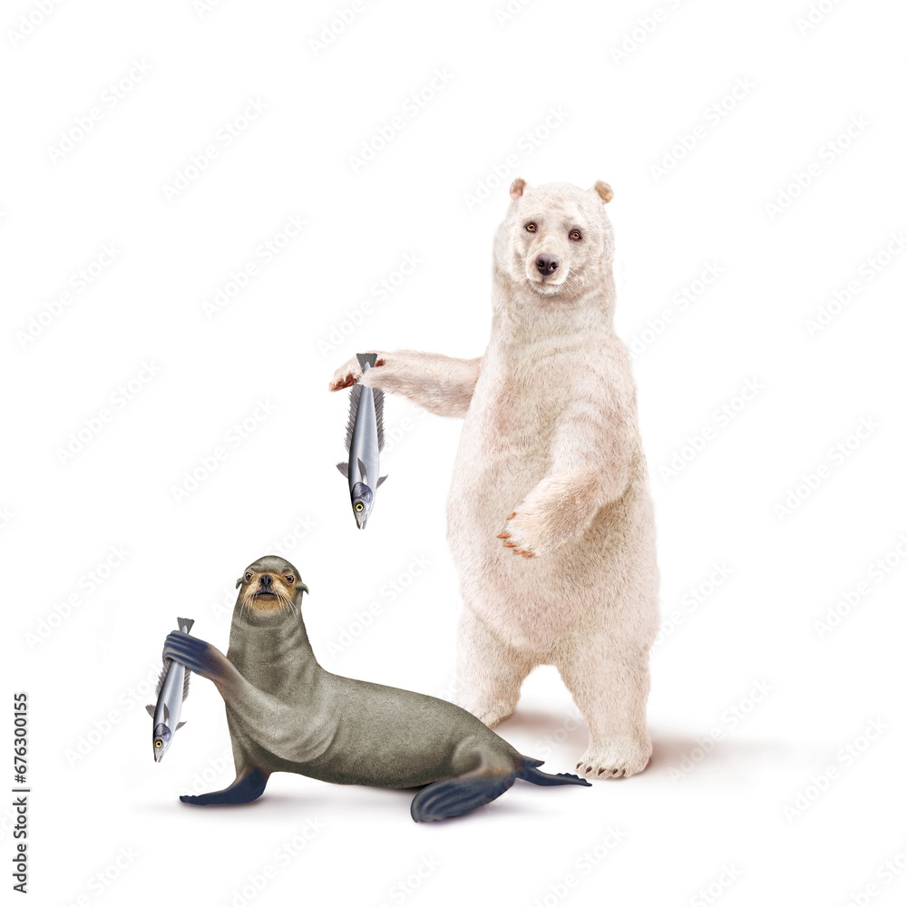 Obraz premium ours blanc et un otarie qui présentent un poisson merlu