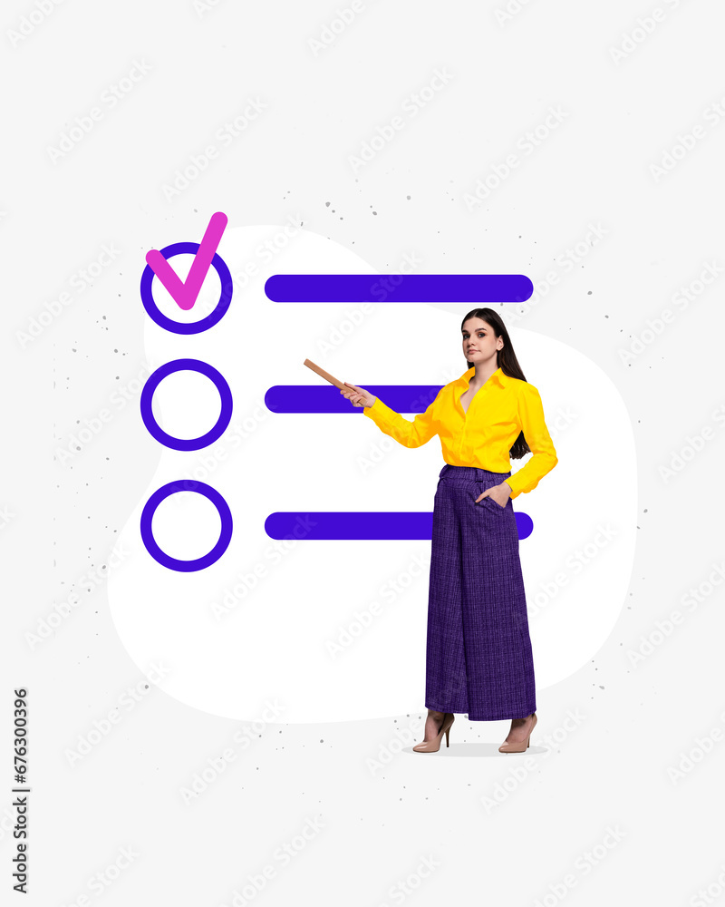 Poster. Contemporary art collage. Modern creative artwork. Business lady, manager have checklist with tasks for employees. Poster. Contemporary art collage. Modern creative artwork. Business lady, manager have checklist with tasks for employees.