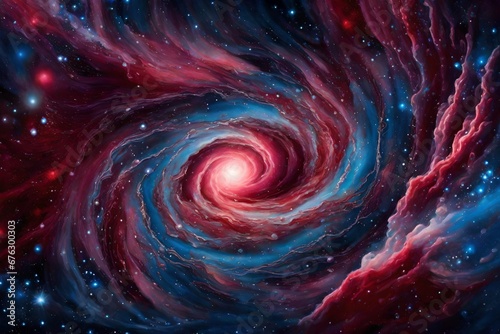 A vibrant liquid galaxy with swirling cerulean stars against a background of liquid ruby.