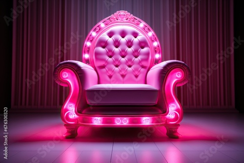 Luxurious pink chair with pink lighting and neon illumination in a spacious room. Generative AI