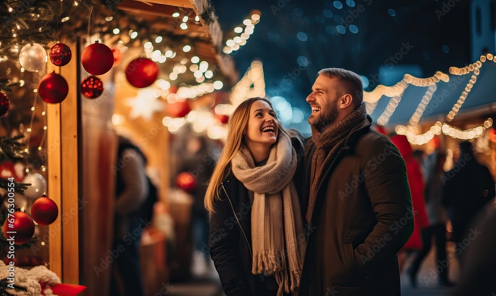 Having fun together at a christmas fairy. Young cheerful couple is having a walk with hot drinks, enjoying, dressed warm, looking at each other and laugh, Enjoying Christmas Market Having fun together at a christmas fairy. Young cheerful couple is having a walk with hot drinks, enjoying, dressed warm, looking at each other and laugh, Enjoying Christmas Market