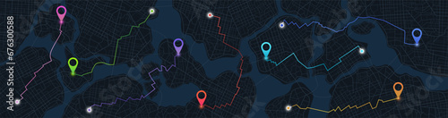 Gps tracking map. Abstract isometric location tracks dashboard. Track navigation pins on street maps, navigate mapping, locate position pin. Futuristic travel map or location navigator vector