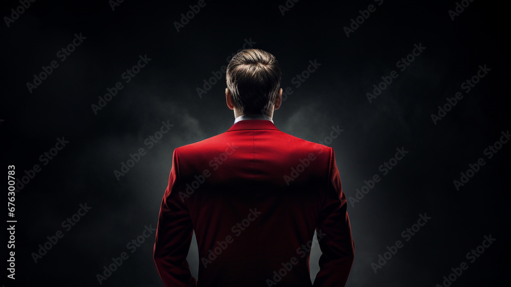 The manager in red suit is standing at the working office The manager in red suit is standing at the working office