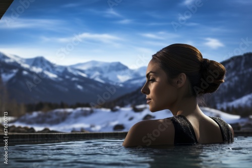 Beautiful woman enjoying a tranquil outdoor spa experience amid a snowy mountain landscape, her relaxed expression reflecting the soothing wellness and rejuvenation offered by the resort