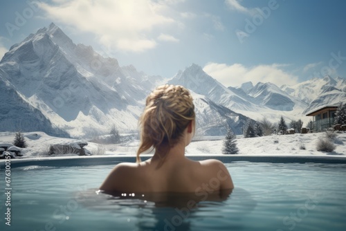 Beautiful woman enjoying a tranquil outdoor spa experience amid a snowy mountain landscape, her relaxed expression reflecting the soothing wellness and rejuvenation offered by the resort