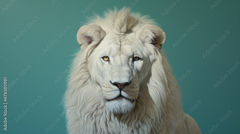 An intricately detailed hyperrealistic image capturing the regal presence of a white lion standing tall, its piercing blue eyes against a seamless single-tone green background