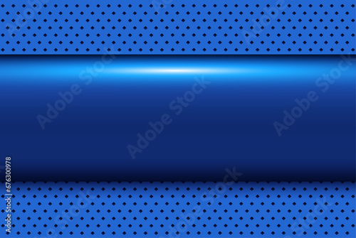 Blue metallic 3d background with banner in the center and dotted pattern in the background.