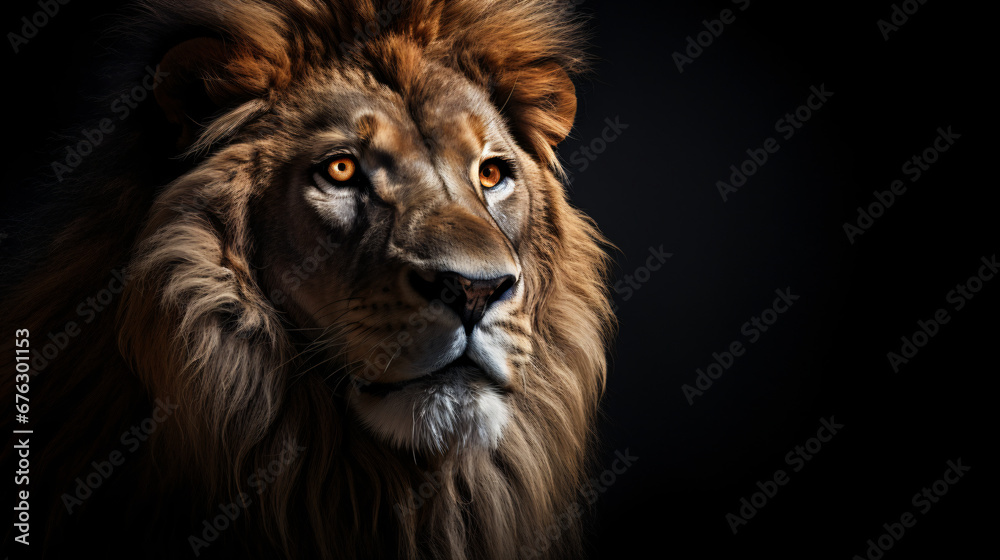 A regal studio shot of a lion, the play of light enhancing its majestic features against a clean black background, offering a bold and timeless backdrop for presentations 