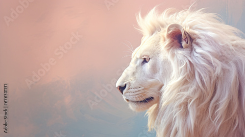 An artistic composition of the albino lion in a regal profile, with an abstract, open-space background in soft pastel colors