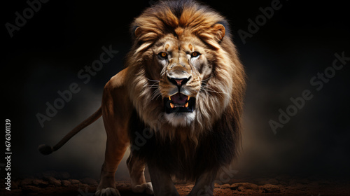 An artistic composition featuring a powerful lion in a commanding pose  set against a clean black background  creating a bold and impactful visual for presentations or backdrops 