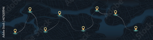 Gps tracking map, streets and blocks, route. Track navigation pins on street maps, navigate mapping technology and locate position pin. Futuristic travel gps map or location navigator vector