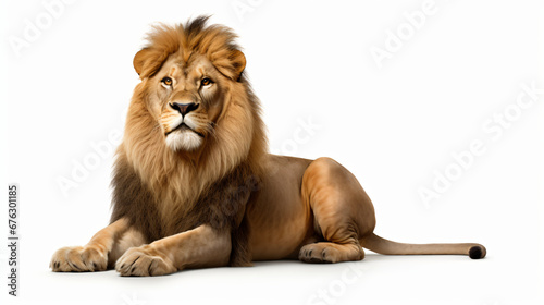 a majestic lion in regal repose  its golden mane beautifully lit against a seamless white background  perfect for a professional presentation or flyer