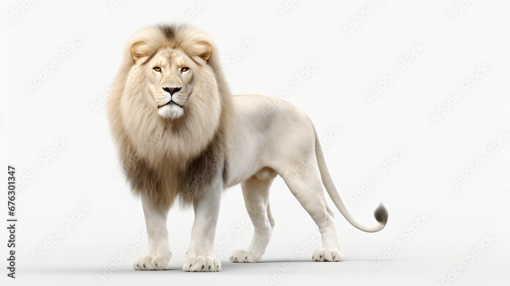 Obraz premium a white lion standing proudly, meticulously crafted against an expansive open space with a subtle single-tone background, suitable for presentations or flyers